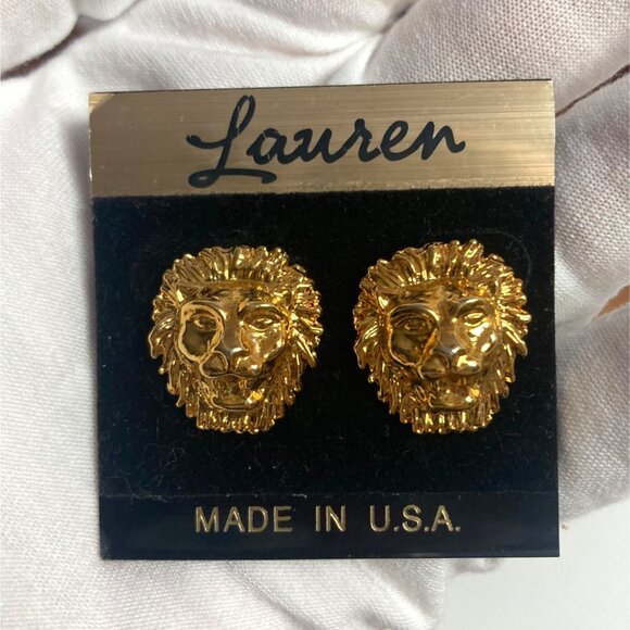 Vintage Gold Tone Lion Head Stud Earrings Preppy Statement 80s 90s Made in USA - Picture 1 of 8